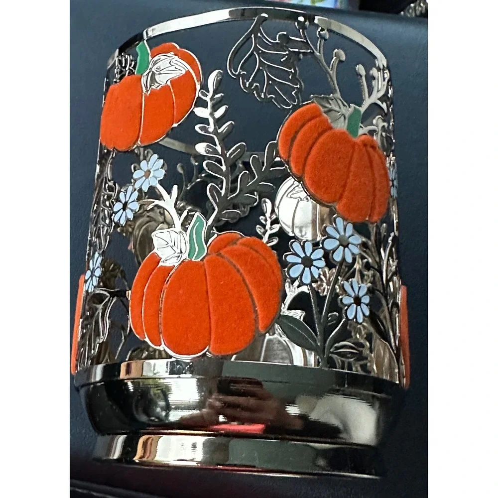 Bath & Body Works Pumpkin Floral Single Wick Candle Holder Sleeve Silver Orange